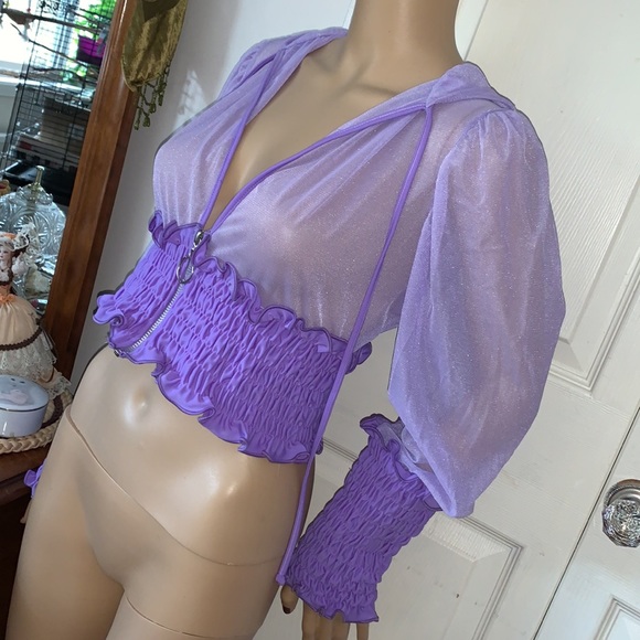 Y2K Custom purple Sheer mesh chiffon Sexy Hooded jacket top M - Picture 6 of 15